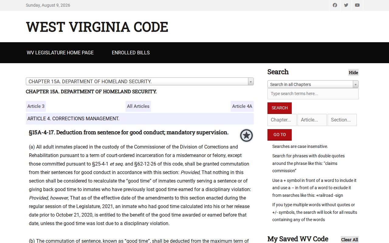 West Virginia good-time statute used for Mercer County release date records